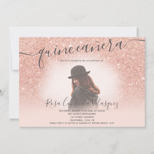 Roos goud glitter blush roze quinceanera foto kaart (Voorkant)