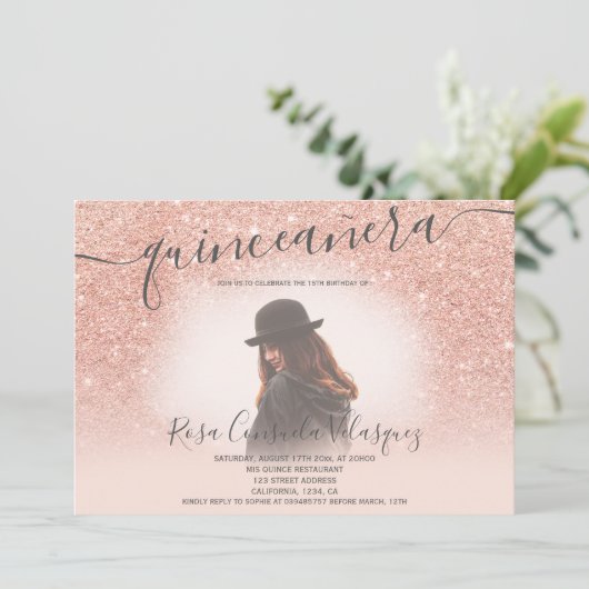 Roos goud glitter blush roze quinceanera foto kaart (Staand voorkant)