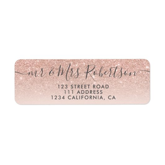 Roos goud glitter blush roze script bruiloft etiket (Voorkant)