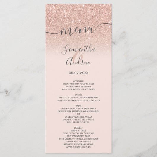 Roos goud glitter blush roze script trouwmenu menu (Voorkant)