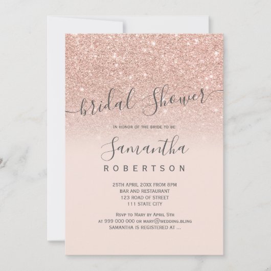 Roos goud glitter blush roze script vrijgezellenfe kaart (Voorkant)