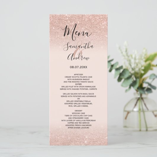 Roos goud glitter blush roze trouwmenu menu (Staand voorkant)