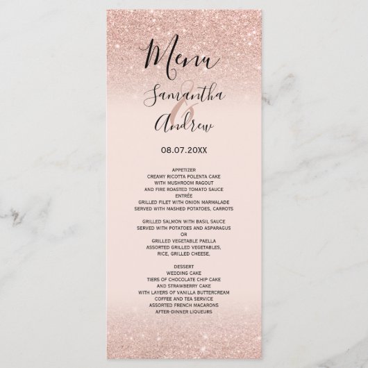 Roos goud glitter blush roze trouwmenu menu (Voorkant)