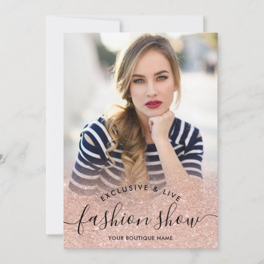 Roos goud glitter blush script foto's mode show kaart (Voorkant)