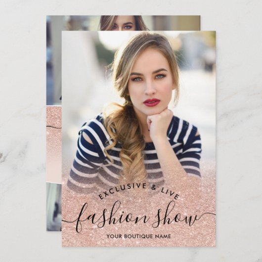 Roos goud glitter blush script foto's mode show kaart (Voorkant / Achterkant)