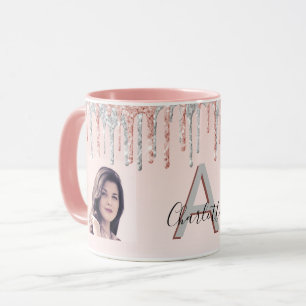 Roos goud glitter blush zilverfotonaam mok