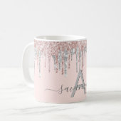 Roos goud glitter blush zilvernaam monogram koffiemok (Voorkant links)