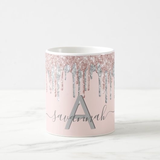 Roos goud glitter blush zilvernaam monogram koffiemok (Center)