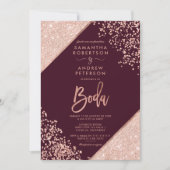 Roos goud glitter confetti burgundy bruiloft kaart (Voorkant)