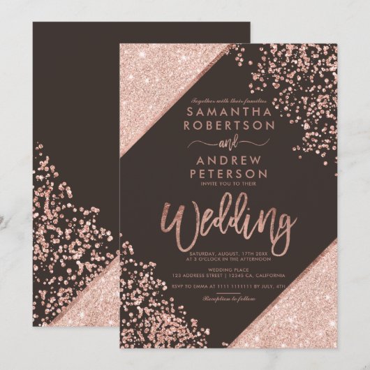 Roos goud glitter confetti chic brown bruiloft kaart (Voorkant / Achterkant)