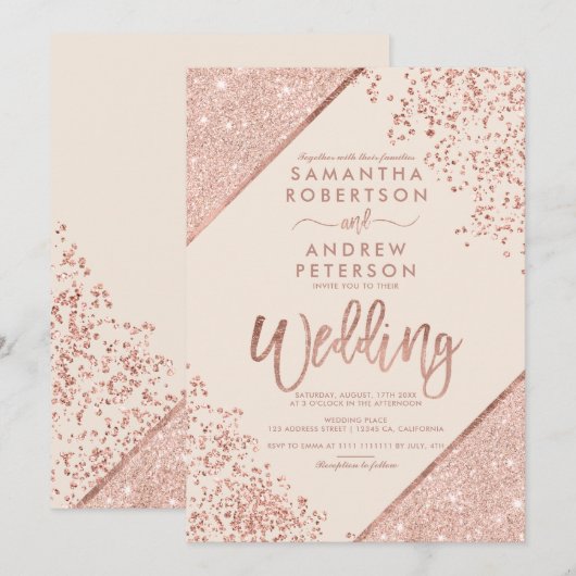 Roos goud glitter confetti chic iory bruiloft kaart (Voorkant / Achterkant)