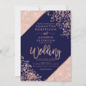 Roos goud glitter confetti chic navy blue bruiloft kaart (Voorkant)