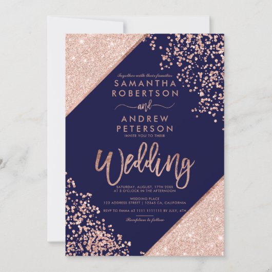 Roos goud glitter confetti chic navy blue bruiloft kaart (Voorkant)