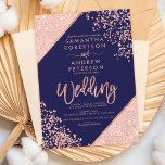 Roos goud glitter confetti chic navy blue bruiloft kaart<br><div class="desc">Roos Gold glitter confetti en kleurenbloktypografie op aanpasbaar blauw van de marine en faux roos gouden meetkundige strepen,  perfect voor elegante,  luxueuze bruiloft;</div>