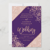 Roos goud glitter confetti chic paars bruiloft kaart (Voorkant)