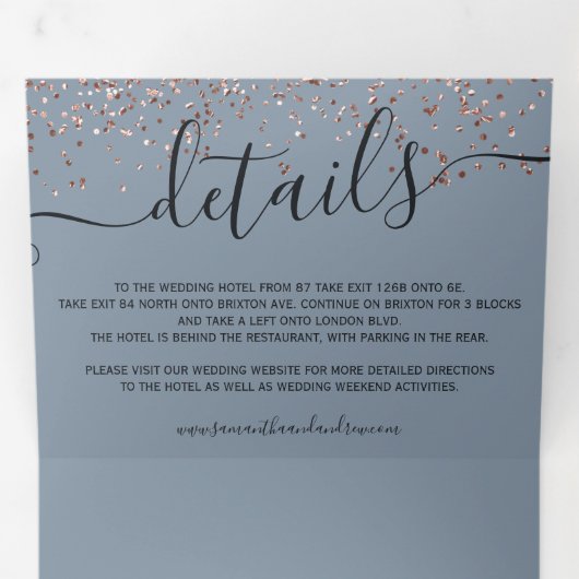 Roos goud glitter confetti dusty blue chic bruilof drieluik uitnodiging (Binnenzijde eerst)