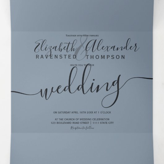 Roos goud glitter confetti dusty blue chic bruilof drieluik uitnodiging (Binnenkant midden)