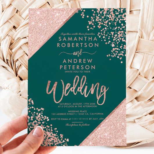Roos goud glitter confetti emerald green bruiloft kaart