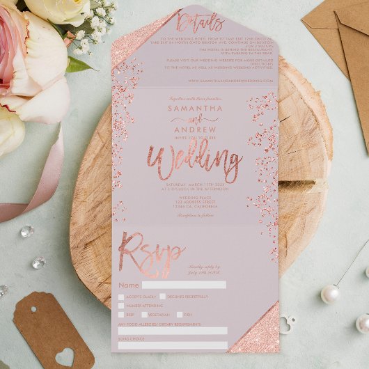 Roos goud glitter confetti grijs lila huwelijk all in one uitnodiging