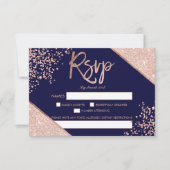 Roos goud glitter confetti navy blue rsvp bruiloft (Voorkant)
