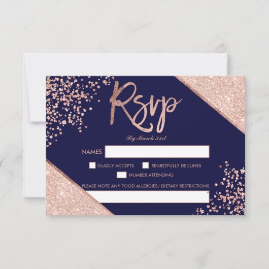 Roos goud glitter confetti navy blue rsvp bruiloft (Voorkant)