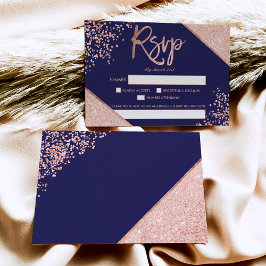 Roos goud glitter confetti navy blue rsvp bruiloft kaartje