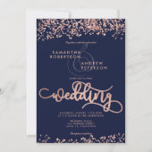 Roos goud glitter confetti navy blue trouwfoto kaart (Voorkant)
