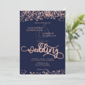 Roos goud glitter confetti navy blue trouwfoto kaart (Staand voorkant)