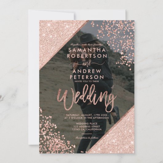 Roos goud glitter confetti navy blue trouwfoto kaart (Voorkant)