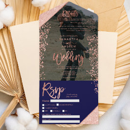 Roos goud glitter confetti navy foto bruiloft all in one uitnodiging