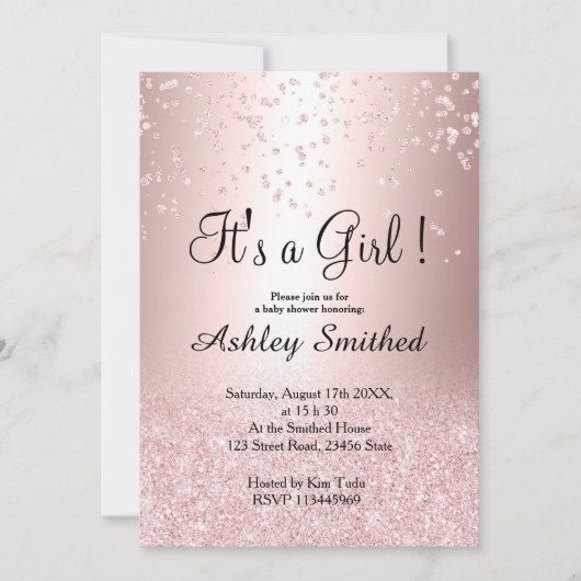 Roos goud glitter confetti ombre girl baby shower kaart (Voorkant)