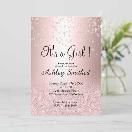 Roos goud glitter confetti ombre girl baby shower kaart (Staand voorkant)