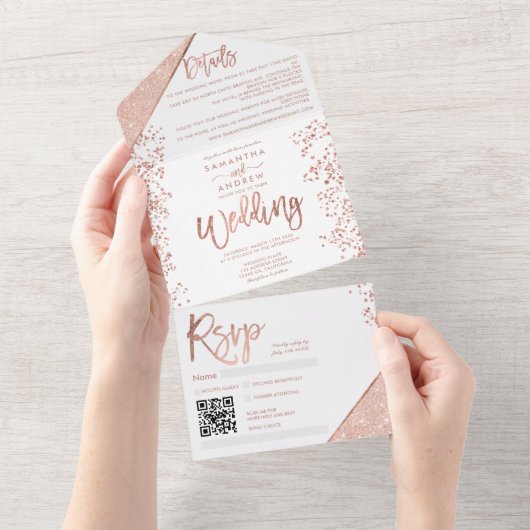 Roos goud glitter confetti white chic bruiloft all in one uitnodiging (Afscheurbaar)