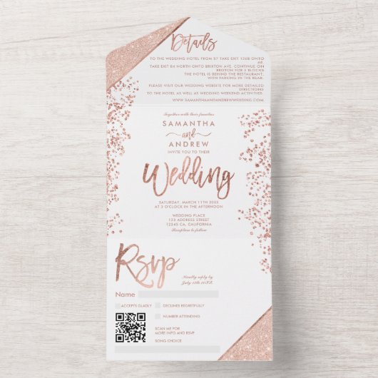 Roos goud glitter confetti white chic bruiloft all in one uitnodiging (Binnen)