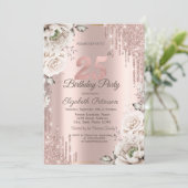 Roos goud, glitter druppels, witte bloemen 25e kaart (Staand voorkant)