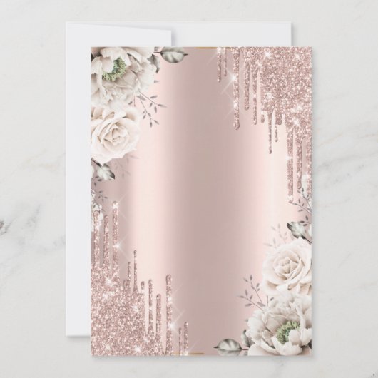 Roos goud, glitter druppels, witte bloemen 25e kaart (Achterkant)