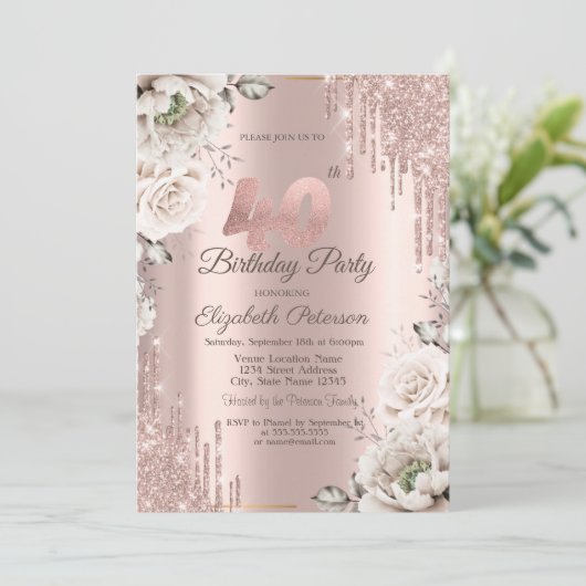 Roos goud, glitter druppels, witte bloemen 40ste kaart (Staand voorkant)