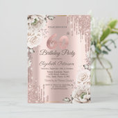 Roos goud, glitter druppels, witte bloemen 60ste kaart (Staand voorkant)