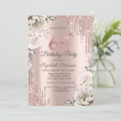 Roos goud, glitter druppels, witte bloemen 65th kaart (Staand voorkant)