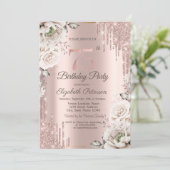 Roos goud, glitter druppels, witte bloemen 75th kaart (Staand voorkant)