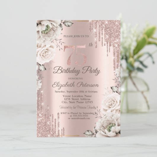 Roos goud, glitter druppels, witte bloemen 75th kaart (Staand voorkant)