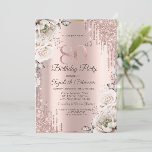 Roos goud, glitter druppels, witte bloemen 80ste kaart (Staand voorkant)