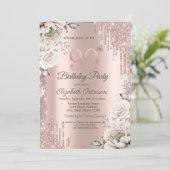 Roos goud, glitter druppels, witte bloemen 90th kaart (Staand voorkant)