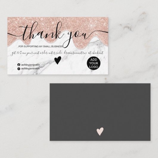 Roos goud glitter druppelt marmer orde dank u visitekaartje (Voorkant / Achterkant)