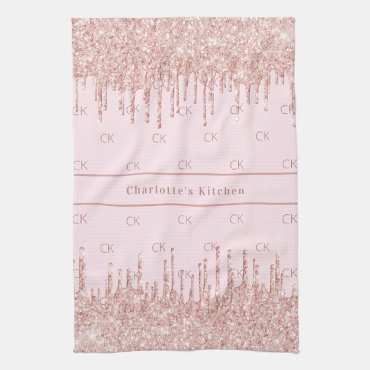 Roos goud glitter druppelt monogram initialen naam theedoek (Verticaal)