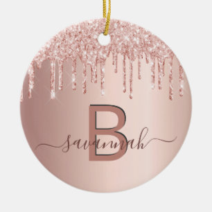 Roos goud glitter druppelt monogram naam keramisch ornament