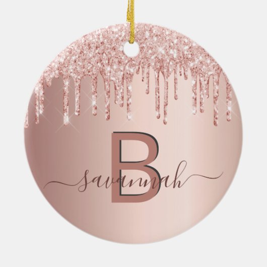 Roos goud glitter druppelt monogram naam keramisch ornament (Achterkant)