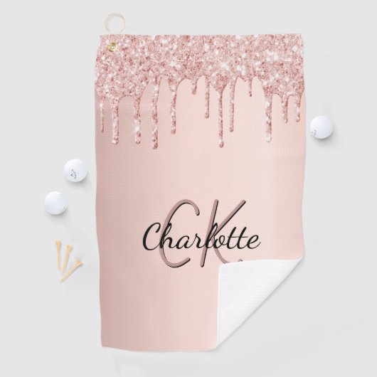 Roos goud glitter druppelt op aangepaste monogram  golfhanddoek (Insitu)