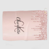 Roos goud glitter druppelt op aangepaste monogram  golfhanddoek (Horizontaal)