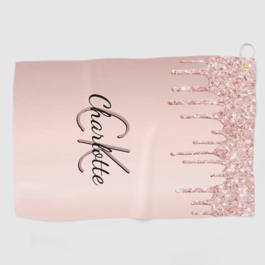 Roos goud glitter druppelt op aangepaste monogram  golfhanddoek (Horizontaal)